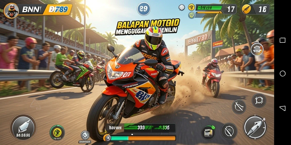 Tampilan menarik dari gameplay BNI789 yang menampilkan balapan motor seru.