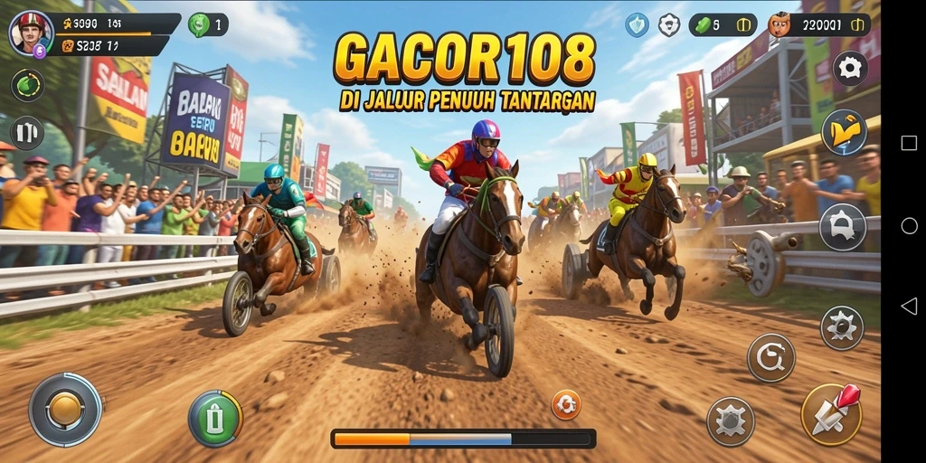 Tampilan gameplay GACOR108 dengan mobil balap melaju cepat.