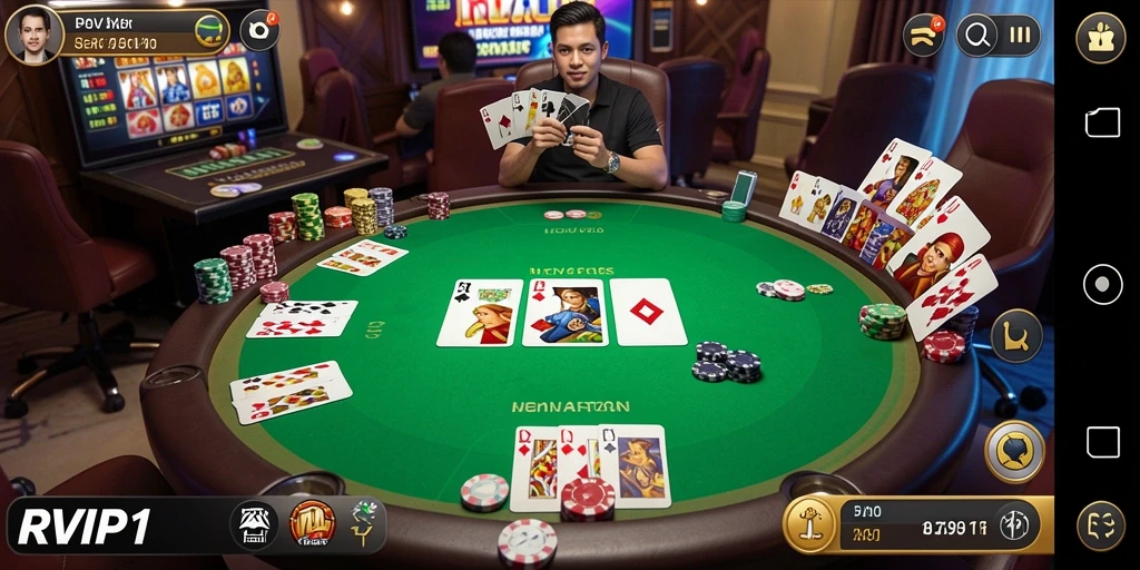 Screenshot permainan RVIP1 menampilkan aksi poker yang intens dan seru.